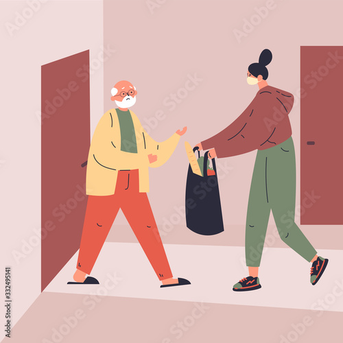 Coronavirus. Novel virus 2019-nCoV.Delivery of food to old man.A young woman helps an elderly neighbor.Caring for people at risk.Concept of coronavirus quarantine vector illustration.Flat character