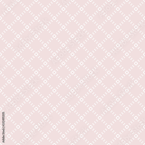 Vector minimalist seamless pattern with small dots in square grid. Subtle light pink background. Simple abstract geometric texture. Minimal ornament. Repeat design for decoration, wallpapers, cloth