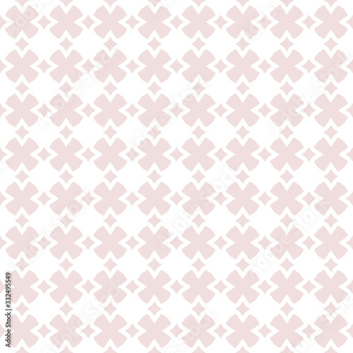 Cute vector geometric seamless pattern. Abstract texture with flower shapes, diamonds, crosses, squares. Soft pink and white colors. Subtle repeat background. Design for decor, print, cloth, wallpaper