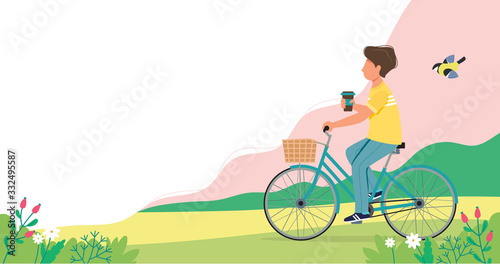 Man riding a bike in spring. Cute vector illustration in flat style.