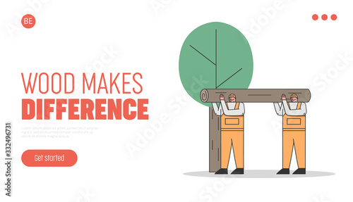 Website Landing Page. Professional Sawmill Characters Carrying Big Log For The Further Transportation And Processing. Global Deforestation. Web Page Cartoon Linear Outline Flat Vector Illustration