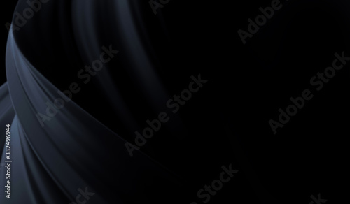 Beautiful stylish black background with developing  flying cloth. Black background with drapery and folds of silk. Smooth elegant black silk or satin texture. Luxury background design. 3D rendering.