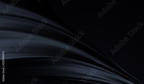 Beautiful stylish black background with developing, flying cloth. Black background with drapery and folds of silk. Smooth elegant black silk or satin texture. Luxury background design. 3D rendering.