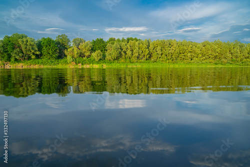 Landscape of beautiful lake with nature reflection. Background and copy space
