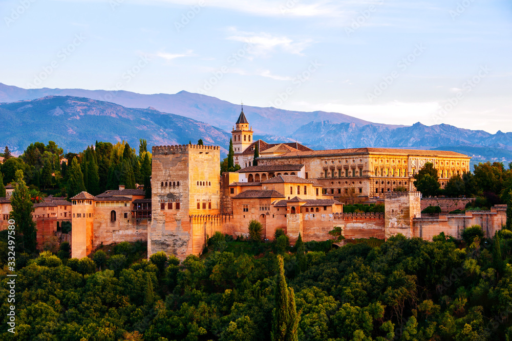Aerial view of Alhambra Palace in Granada, Spain with Sierra Nevada mountains