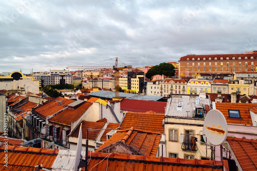 Aerial view of Lisbon, Portugal at cloudy day with view over city center