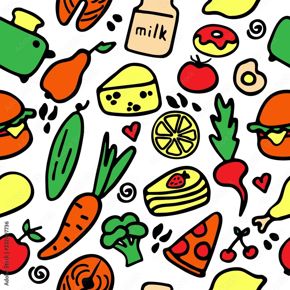 A hand-drawn set of food and dishes. Doodle collection of meal. Seamless pattern. A hand-drawn set of food and dishes. Doodle collection of meal. Seamless pattern.