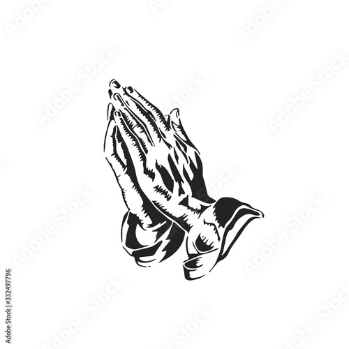 Praying hands, prayer on bible, blessing hands religious hand drawn vector illustration. Symbolic hands united for pray to god. Ikon Vector EPS 10