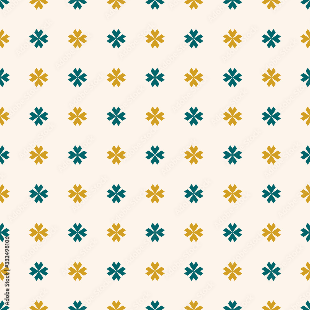 Vector floral minimalist seamless pattern. Simple minimal abstract geometric background with small flowers, crosses. Elegant ornament texture in dark green, yellow and white colors. Repeated design