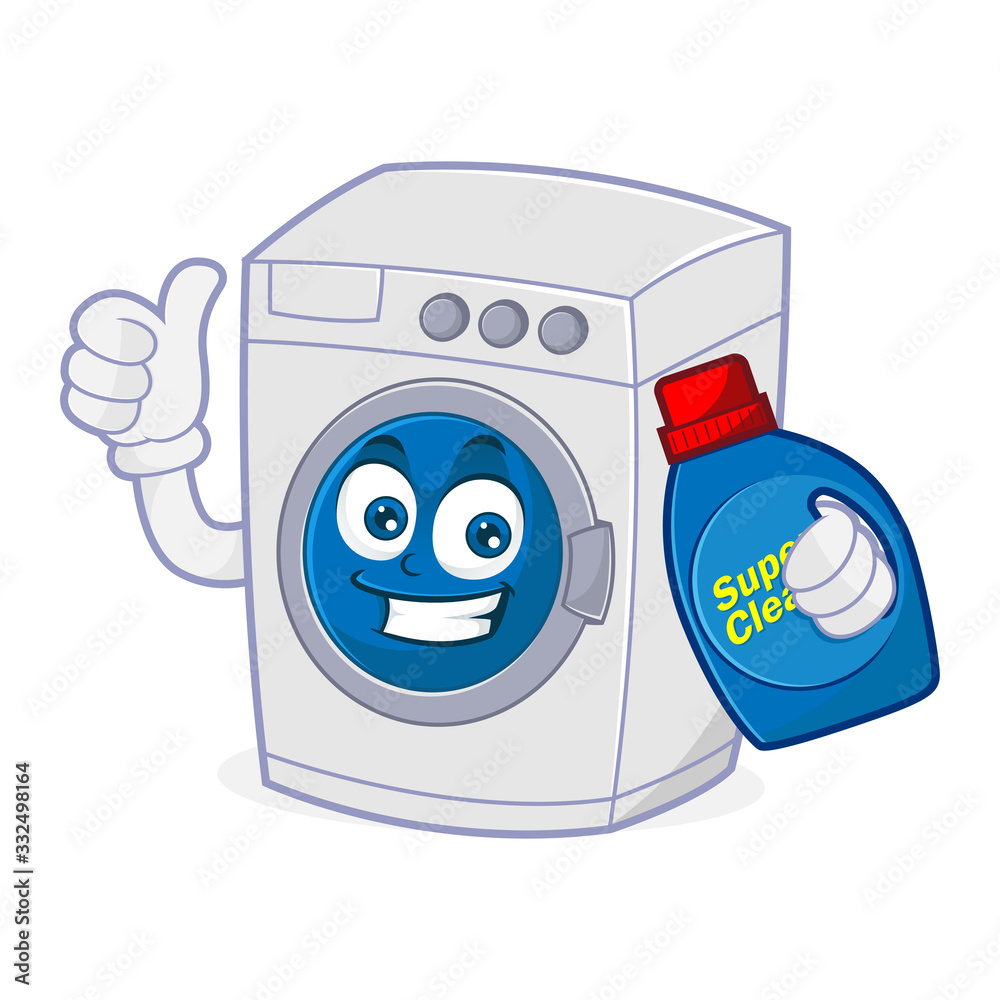 Washing machine holding detergent and give thumb up Stock Vector ...