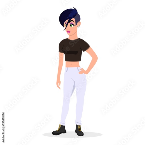 Brunette tomboyish girl standing with arm akimbo. Young spunky, hoydenish woman with short hair in black tee shirt and white jeans. Vector cartoon illustration isolated on white background.