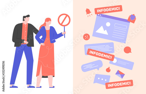Infodemic during a virus pandemic. Online hoax, gossip, fake news on the Internet. Search for reliable sources of information. Characters with a prohibition sign. Stop infodemia. Vector flat.