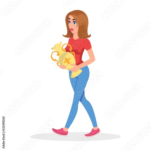 Brown haired girl in tee shirt, jeans going and keeping yellow vase. Young woman, museum worker, participant of historical excavations carrying archaeological things in her hands. Vector cartoon.