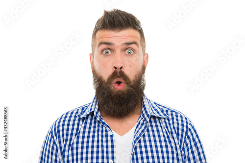 Astonished face. No way. Wondering concept. Handsome surprised man wonder. Surprised guy with bristle and hairstyle. Male beauty. Barber hairdresser salon. Bearded surprised man. Emotional expression