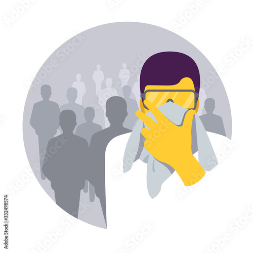 Man with glasses is trying to defend himself with a handkerchief from virus. Avoid public places, sick people, touching your eyes, nose, mouth. Virus prevention. COVID-19. Infographic. Vector illustra