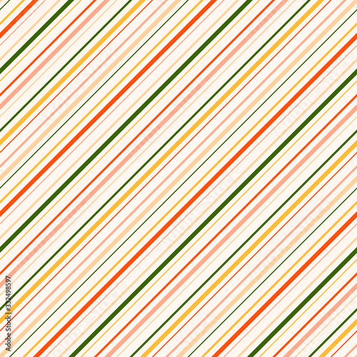 Diagonal stripes seamless pattern. Vector colorful lines texture. Abstract geometric striped background. Thin strips in green, coral, red, yellow, beige color. Simple minimal repeat design for decor