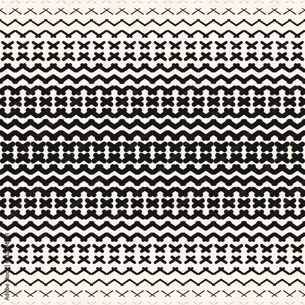 Vector abstract geometric halftone seamless pattern with dash lines, crosses, fading stripes. Hipster fashion, sport style background, urban art. Black and white texture. Monochrome repeated design