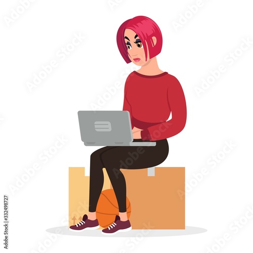 Redheaded girl sitting on cardboard box, looking for work, seeking employment or new flat, houseroom at laptop. Student working at home at free time. Vector cartoon isolated on white.