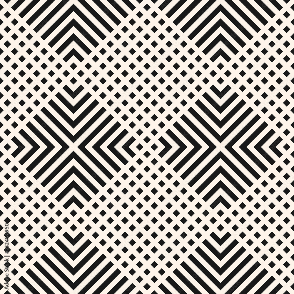 Vector geometric seamless pattern with lines, squares, tiles, grid, rhombuses, diamonds. Abstract black and white graphic texture. Simple modern monochrome background. Repeat design for decor, print