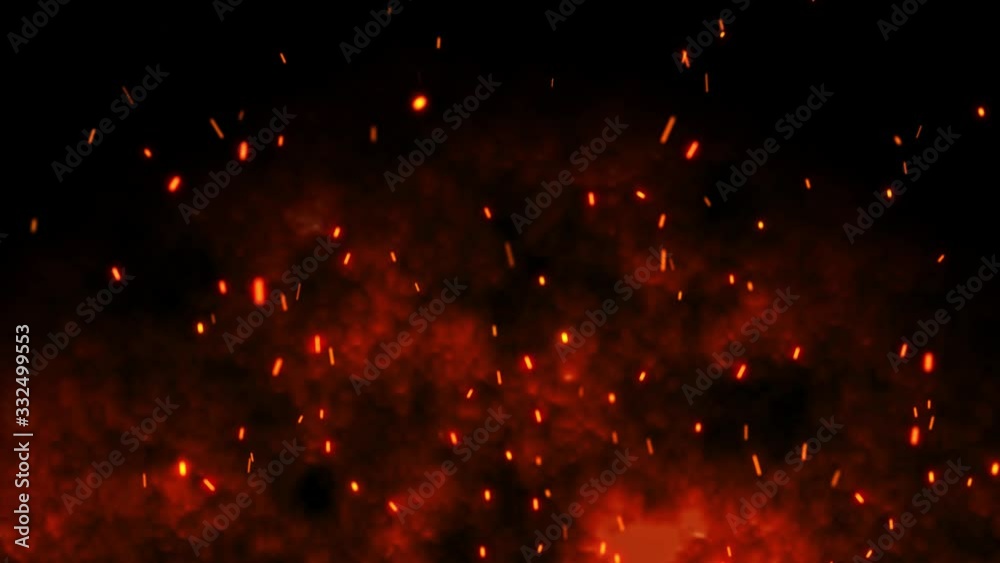 Burning red hot sparks rise from large fire in the night sky. Beautiful abstract background on the theme of fire, light and life. Particles over black background. Flying Embers from fire