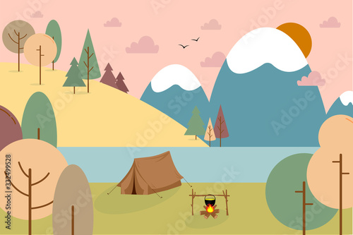 Tent, bonfire by river. Summer landscape at sunset. Hike, family trip. Day off, vacation, active rest. Cute summer poster