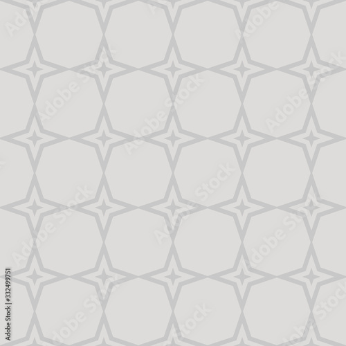Subtle vector geometric seamless pattern with grid  lattice  lines  stars  diamonds  octagons  mesh. Delicate abstract background. Simple light gray ornament texture. Repeat design for decor  prints