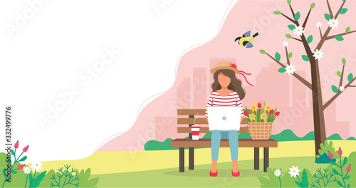 Woman with laptop sitting on the bench and spring flowers in basket. Cute vector illustration in flat style.
