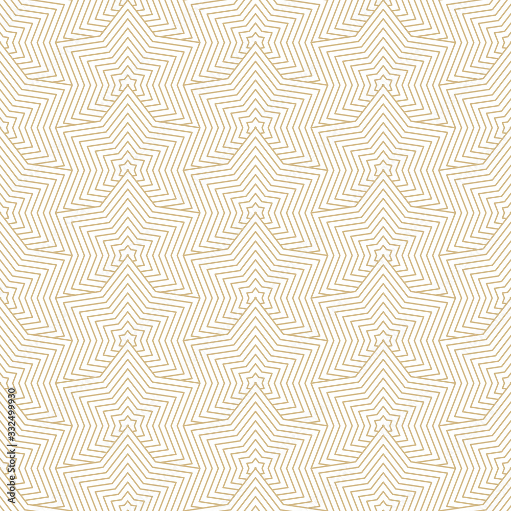 Golden vector geometric seamless pattern with stars, thin lines, grid. Simple gold and white geometry background. Abstract modern linear texture. Subtle luxury repeat design for decor, tileable print