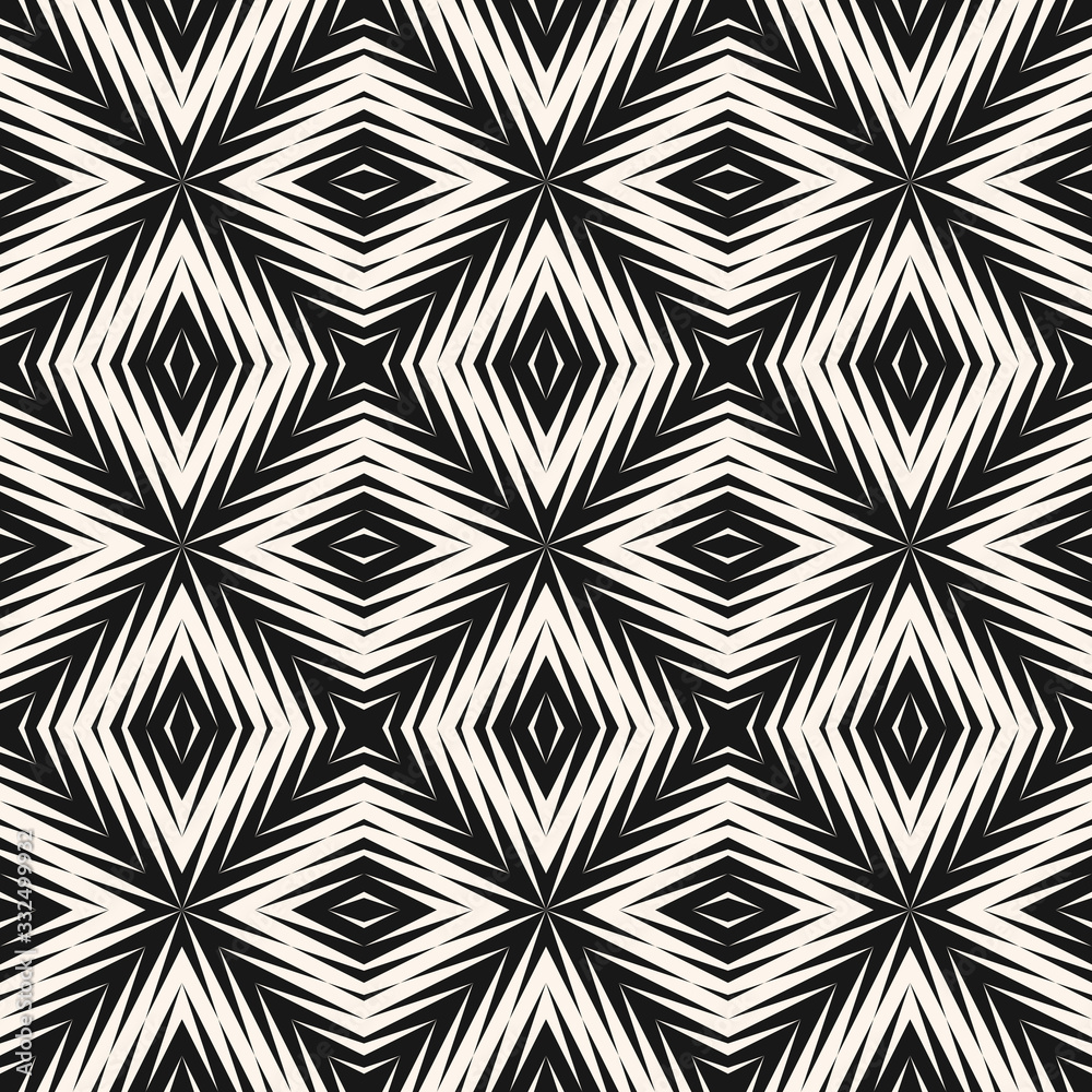 Vector abstract geometric seamless pattern. Stylish black and white texture with halftone transition effect. Monochrome background with lines, arrows, crosses, diamonds, stripes. Modern repeat design