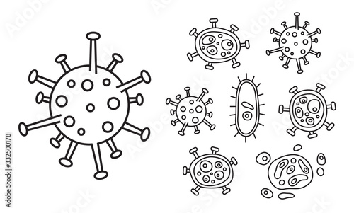 Vector Virus and bacteria doodle set. Collection of simple hand drawn illustrations. Isolated on white background.