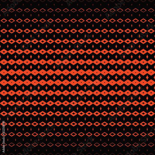 Vector halftone geometric seamless pattern with diamond shapes, fading rhombuses, grid, mesh. Abstract background with gradient transition effect. Black and orange color. Modern repeat graphic design