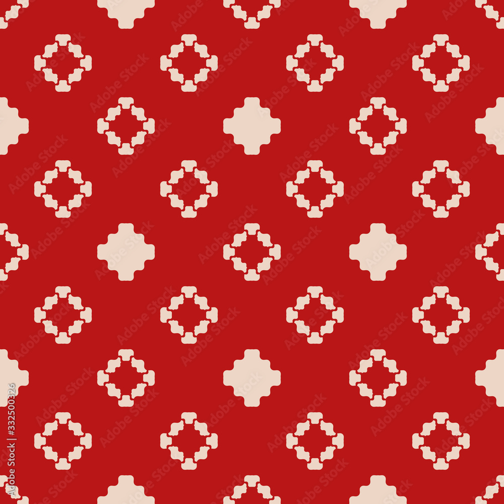 Vector geometric texture with small flower shapes, squares, crosses. Abstract minimal seamless pattern. Retro vintage style. Simple background in red and beige color. Repeat design for decor, textile Vector geometric texture with small flower shapes, squares, crosses. Abstract minimal seamless pattern. Retro vintage style. Simple background in red and beige color. Repeat design for decor, textile