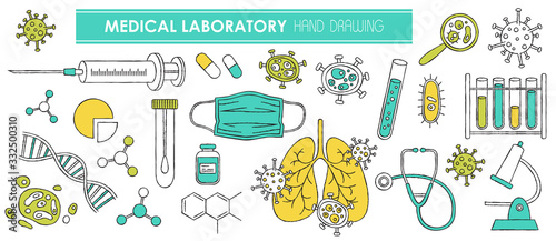 Medical Laboratory hand drawn vector medical illustration. Doodle epidemiology concept. Coronavirus pandemic risk design