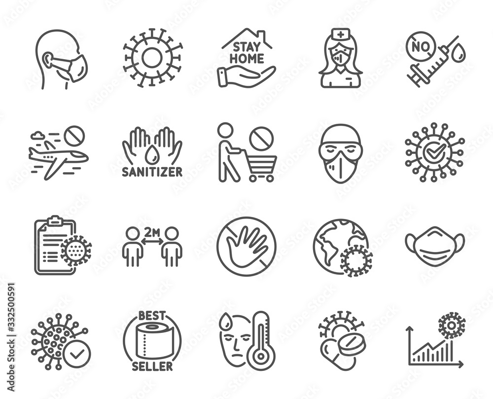 Coronavirus line icons. Medical mask, washing hands hygiene, protective glasses. Stay home, hands sanitizer, coronavirus epidemic mask icons. Covid-19 virus pandemic, no vaccine, toilet paper. Vector