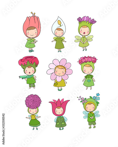 Cute cartoon flower fairies. Forest gnomes. Fairytale creatures. Funny kids