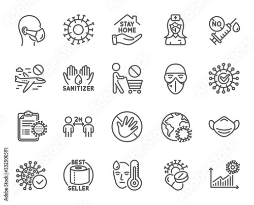 Coronavirus line icons. Medical mask, washing hands hygiene, protective glasses. Stay home, hands sanitizer, coronavirus epidemic mask icons. Covid-19 virus pandemic, no vaccine, toilet paper. Vector