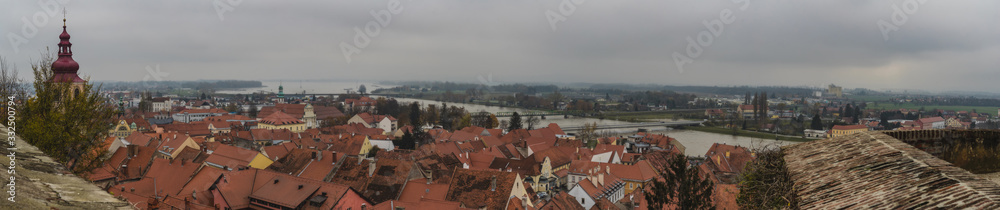 Panorama of the city of Ptuj, looking down from the Ptujski grad