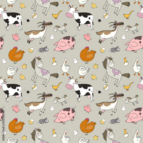 Pattern with farm animals. Cute cartoon horse, cow and goat, sheep and goose, chicken and pig.