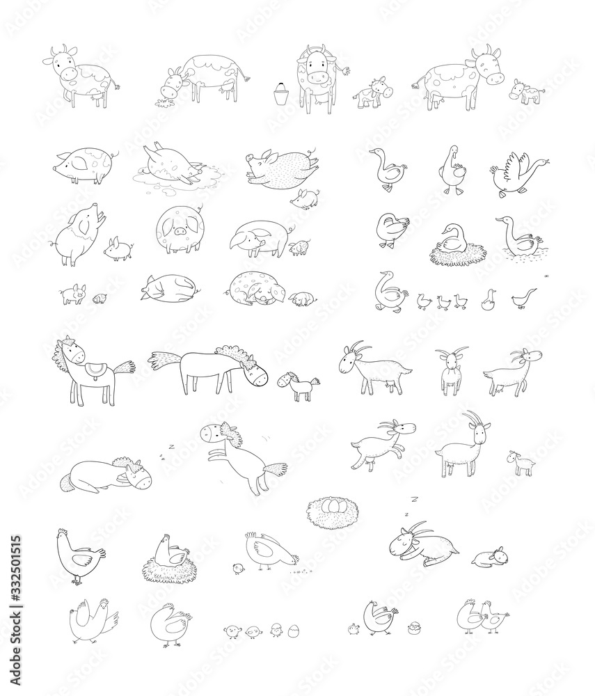 Cute cartoon farm animals and birds. Funny horses and cows, hens, geese and goats. Extra Big set. Vector Illustration