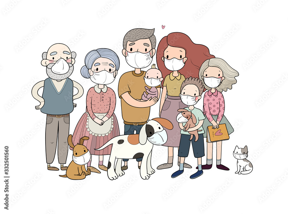 Family and animals in white medical face mask for prevent virus. Coronavirus quarantine Family and animals in white medical face mask for prevent virus. Coronavirus quarantine