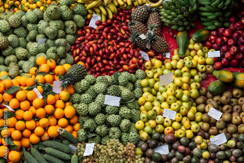 top view of fresh fruits at "Mercado dos Lavradores", local market in Funchal, Madeira island, Portugal