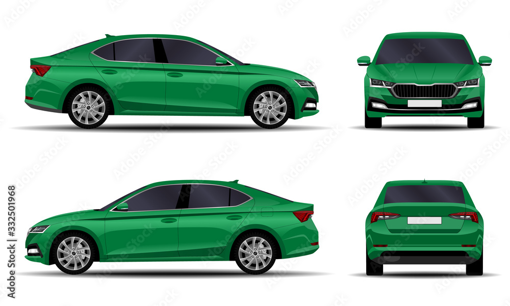realistic car. sedan. side view, front view, back view.