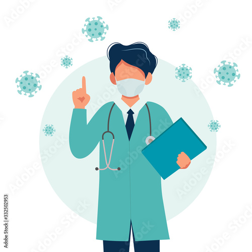 Doctor wearing a medical mask. Coronavirus outbreak concept. Vector illustration in flat style