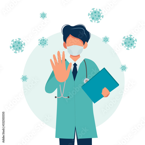 Doctor wearing a medical mask. Coronavirus outbreak concept. Vector illustration in flat style