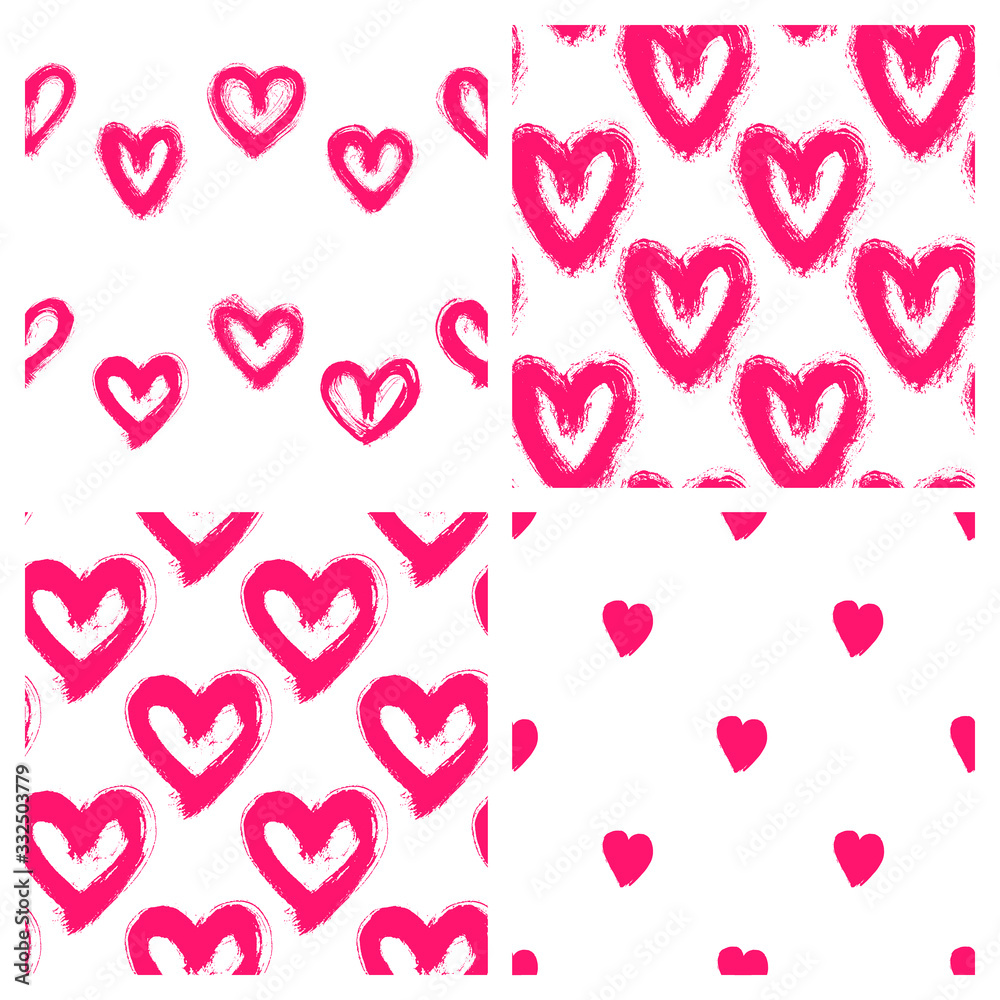 Set of 4 romantic, Valentine's Day, bridal seamless patterns with ink hand drawn hearts. Cute vector wallpapers for wrapping paper, invitation cards, linens, etc.	