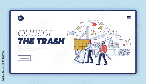 Scrap Metal Concept. Website Landing Page. People Bring Old Metal Things And Broken Washing Machine On Cart to Metal Recycling Plant. Web Page Cartoon Linear Outline Flat Style. Vector Illustration
