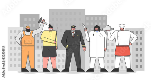 Labour Day. People Of Different Professions Prepare To Celebrate Holiday. Large Group of Diverse Workers of Various Professions and Specialists. Cartoon Linear Outline Flat Vector Illustration