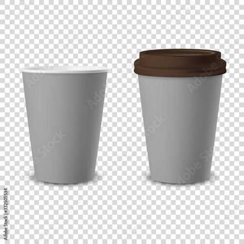 Vector 3d Realistic Gray Disposable Opened and Closed with Brown Lid Paper, Plastic Coffee Cup for Drinks Icon Set Closeup Isolated on Transparent Background. Design Template, Mockup. Front View