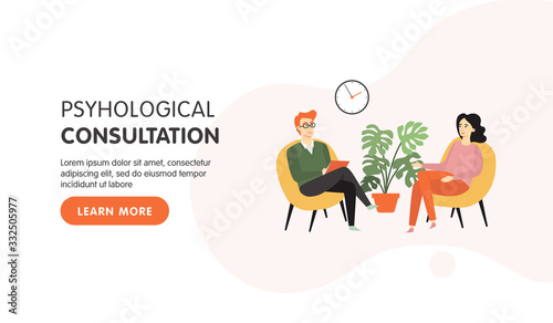 Psychotherapy counseling landing page design. Psychologist man and young girl patient in therapy session. Mental health, depression. Vector flat cartoon illustration.