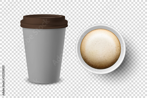 Vector 3d Realistic Gray Disposable Closed and Opened Paper, Plastic Coffee Cup for Drinks with Brown Lid Set Closeup Isolated on Transparent Background. Design Template, Mockup. Top and Front View